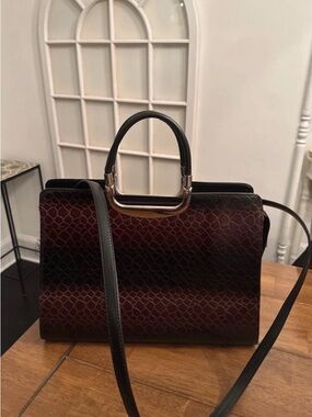 Structured Alligator Top-Handle Satchel in Burgundy and Black